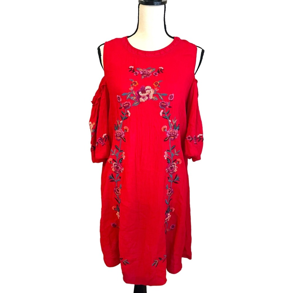 Umgee Dress Women's Size Medium Red Bubble‎ Sleeves Embroidered Boho